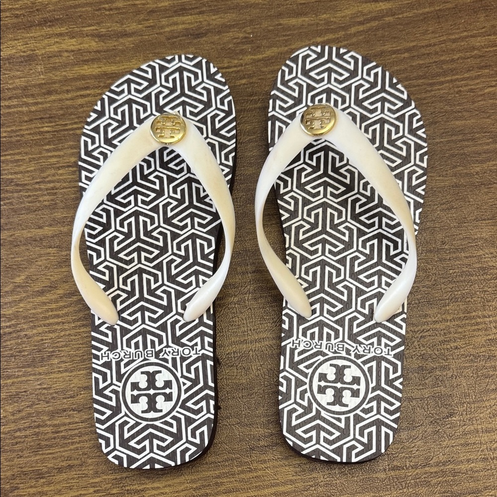 Tory Burch Brown and Cream Geometric Sandals